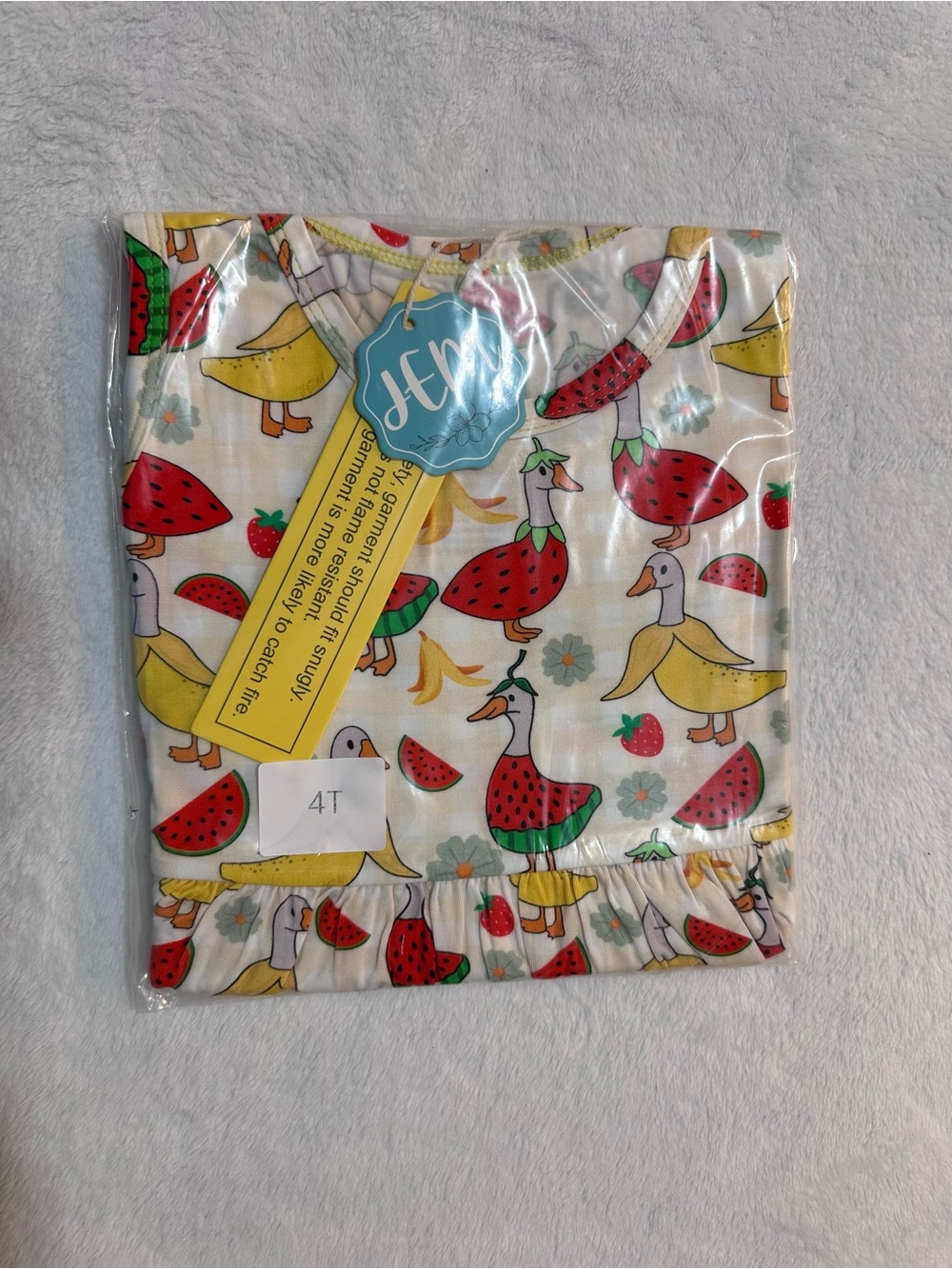 JEM Girls' White Dress with Red Strawberry & Yellow Duck Prints